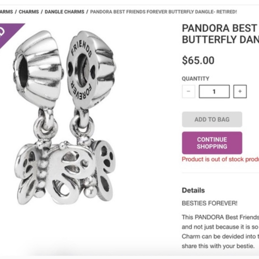 Retired Pandora Friends Forever Butterfly Dangle Charm - only 1 piece